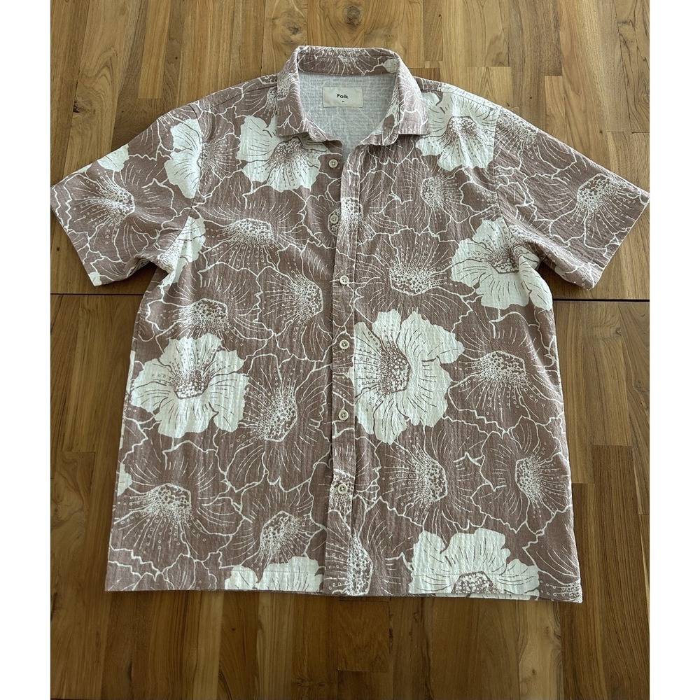 FOLK Clothing Pink Floral Print Short Sleeve Button Up Oversized Shirt Sz Medium